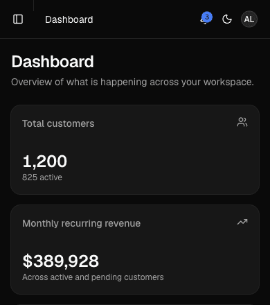 Screenshot of the admin dashboard on mobile, showing the total customers and monthly recurring revenue stat cards