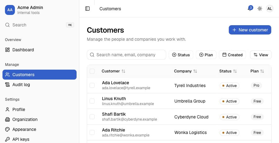 Customers table as an admin: New customer button, row checkboxes, and Organization / API keys visible in the sidebar