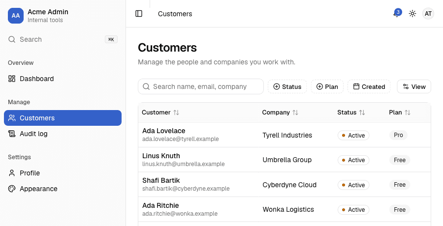 The same customers table as a viewer: no New customer button, no checkboxes, and Organization / API keys removed from the sidebar — Audit log stays, matching the viewer role's read-only audit-log permission